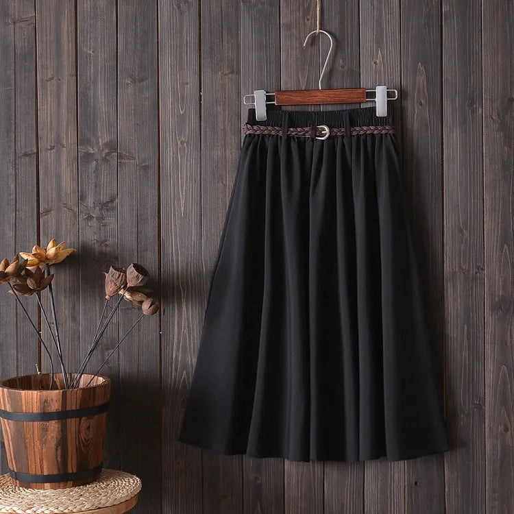 Midi Knee Length Summer Skirt Women With Belt 2025 Fashion Korean Ladies High Waist Pleated A-line School Skirt Female