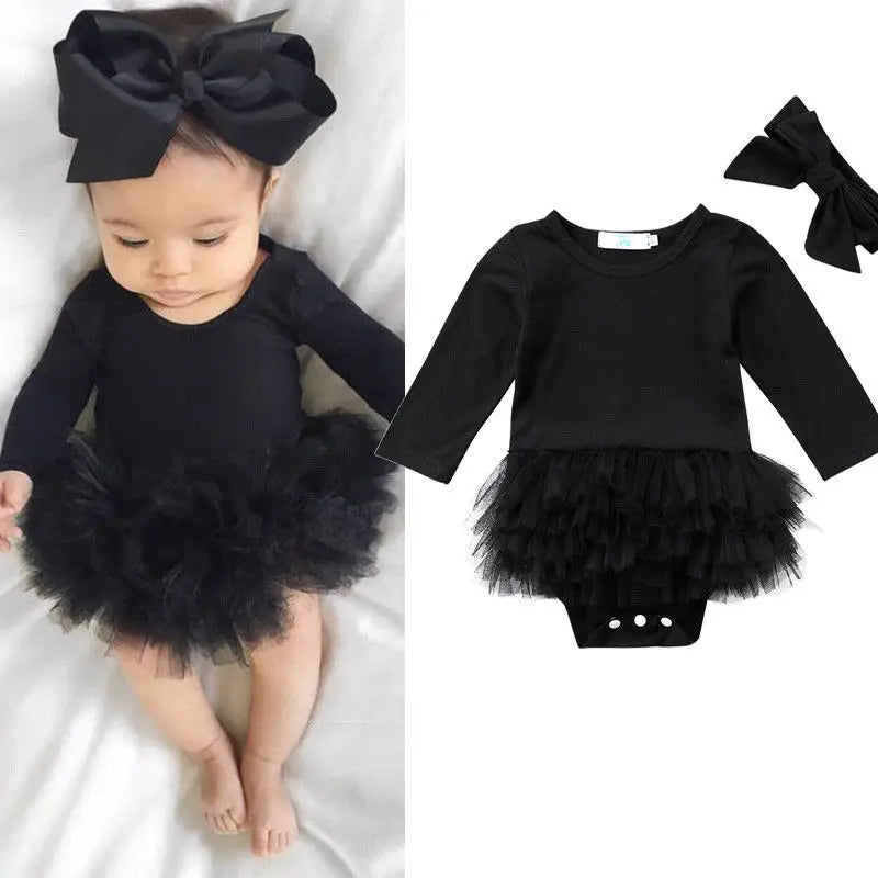 Citgeett Spring Newborn Baby Girls Long Sleeves Black Jumpsuit Bodysuit Mesh Ruffle Playsuit Outfit Cute Clothes Hairband