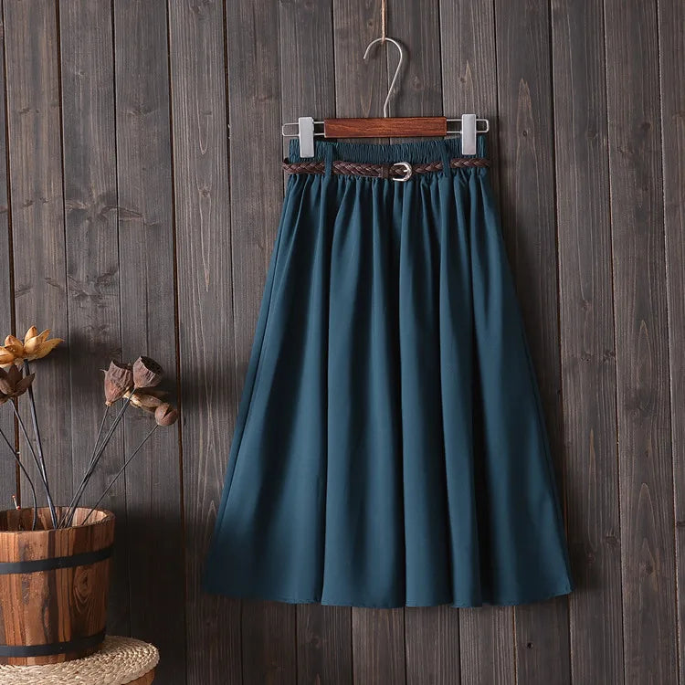 Midi Knee Length Summer Skirt Women With Belt 2025 Fashion Korean Ladies High Waist Pleated A-line School Skirt Female
