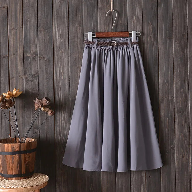 Midi Knee Length Summer Skirt Women With Belt 2025 Fashion Korean Ladies High Waist Pleated A-line School Skirt Female
