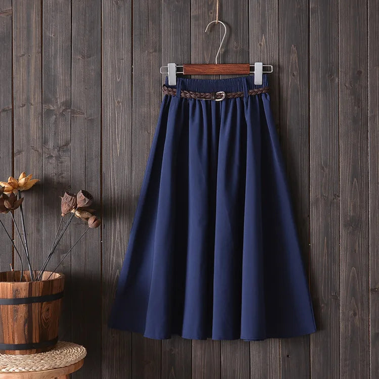Midi Knee Length Summer Skirt Women With Belt 2025 Fashion Korean Ladies High Waist Pleated A-line School Skirt Female