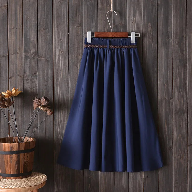 Midi Knee Length Summer Skirt Women With Belt 2025 Fashion Korean Ladies High Waist Pleated A-line School Skirt Female