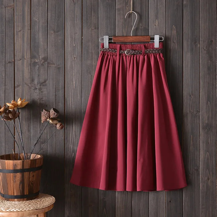 Midi Knee Length Summer Skirt Women With Belt 2025 Fashion Korean Ladies High Waist Pleated A-line School Skirt Female
