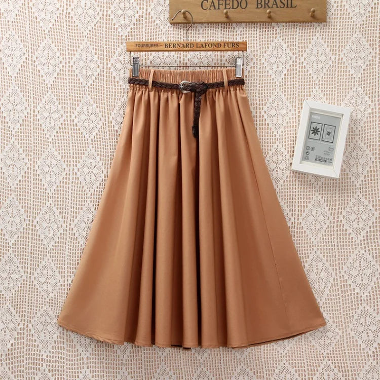 Midi Knee Length Summer Skirt Women With Belt 2025 Fashion Korean Ladies High Waist Pleated A-line School Skirt Female
