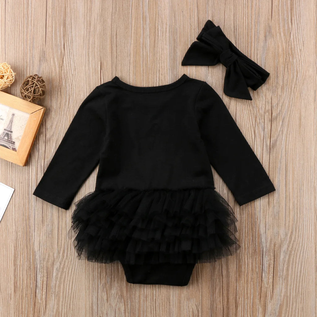 Citgeett Spring Newborn Baby Girls Long Sleeves Black Jumpsuit Bodysuit Mesh Ruffle Playsuit Outfit Cute Clothes Hairband