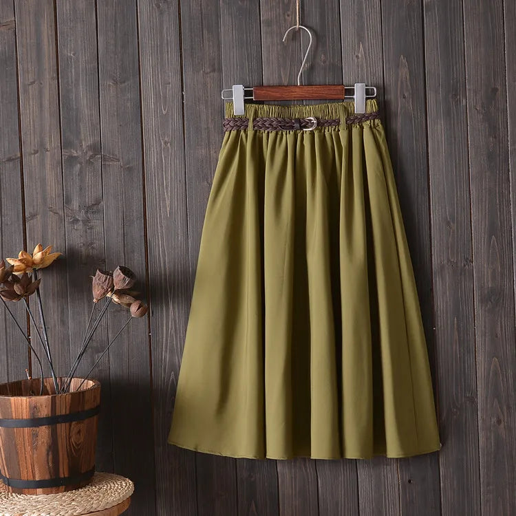 Midi Knee Length Summer Skirt Women With Belt 2025 Fashion Korean Ladies High Waist Pleated A-line School Skirt Female