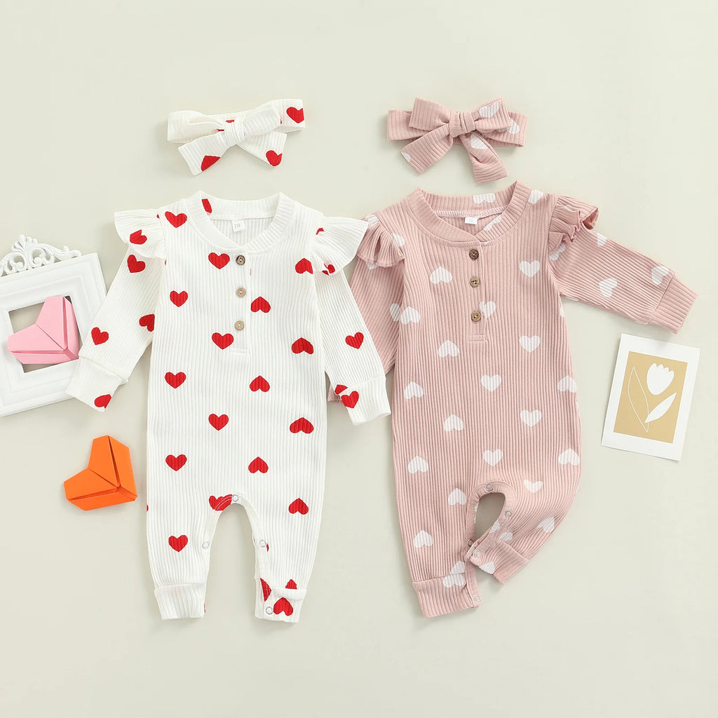 Lioraitiin 0-18M Newborn Infant Baby Girl Cute Romper Long Sleeve Off Shoulder O-Neck Heart Printed Jumpsuit 2Styles