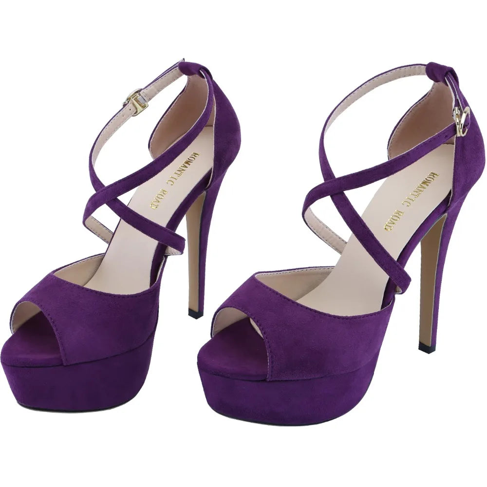 2026 Women Sandals 14CM Platform High Heels Sexy Ankle Strap Sandal Open Toe Stilettos Party Dress Wedding Shoes Plus Size 44