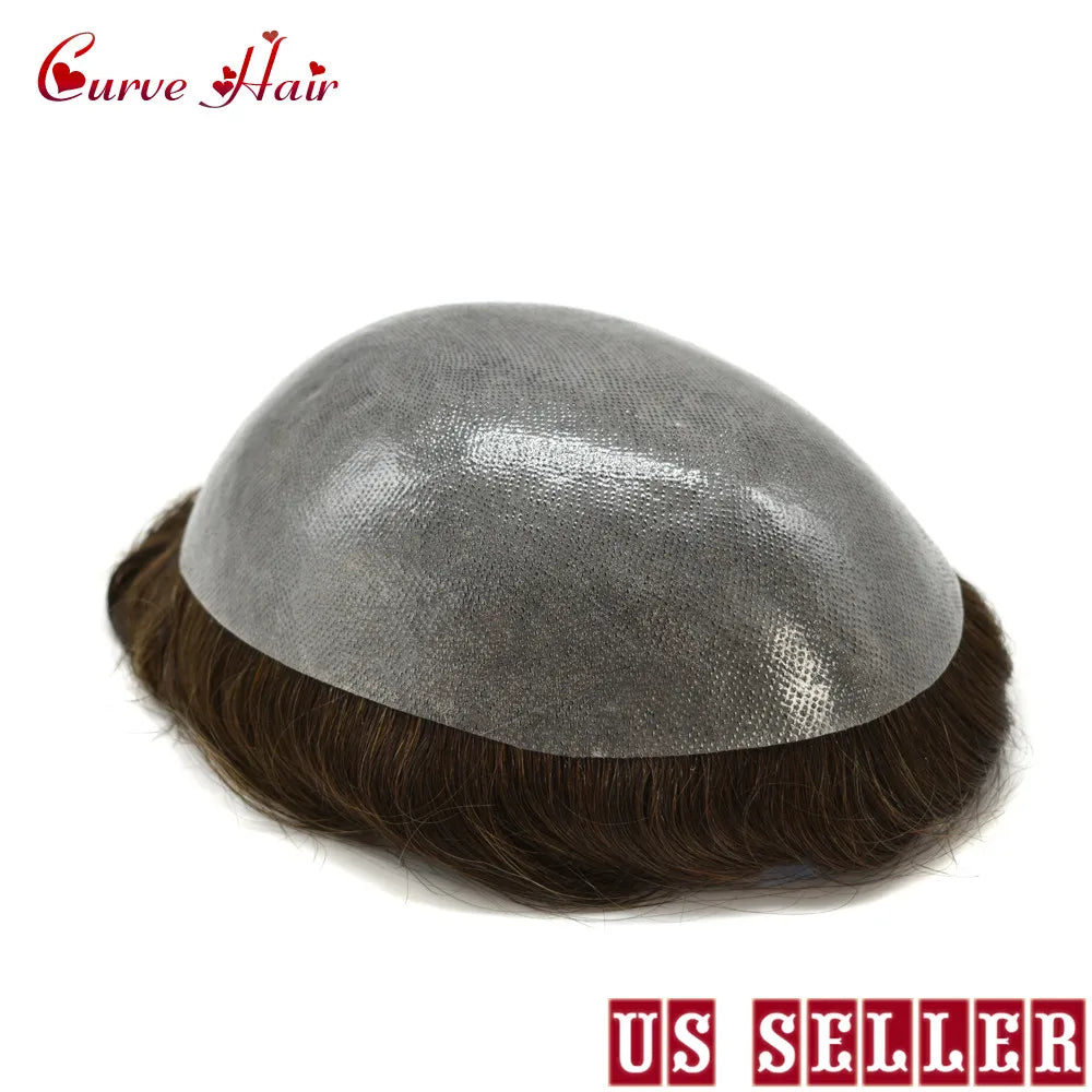 Invisible Full Poly Mens Toupee Thin Skin Hair System For Men 100% Human Hair Replacement All Clear PU Mens Wig