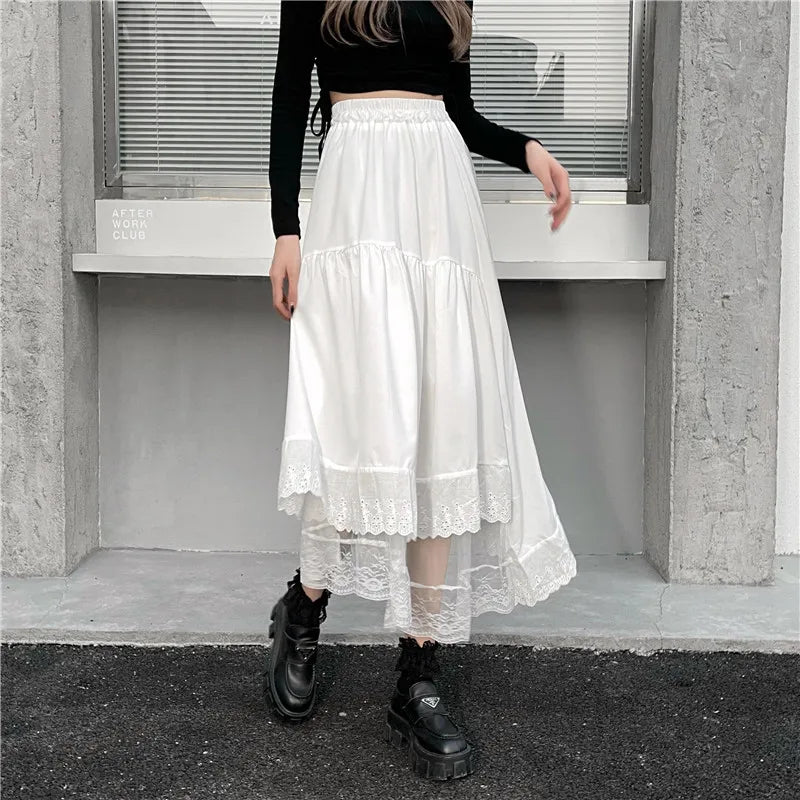 Y2k Gothic Tulle Pleated Skirt Black Lace Stitching Irregular Midi Skirt Women Vintage High Waist Long Skirt Korea Solid Hip Hop
