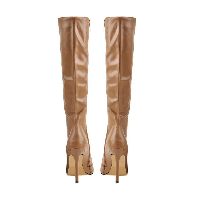 Onlymaker Pointed Toe Knee High Boots Stiletto High Heels Soft PU Leather Flock Concise Side Zipper Big Size Fashion Boots
