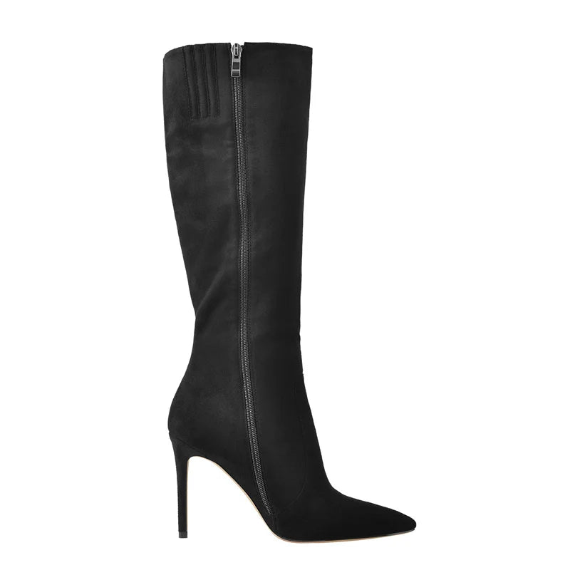 Onlymaker Pointed Toe Knee High Boots Stiletto High Heels Soft PU Leather Flock Concise Side Zipper Big Size Fashion Boots