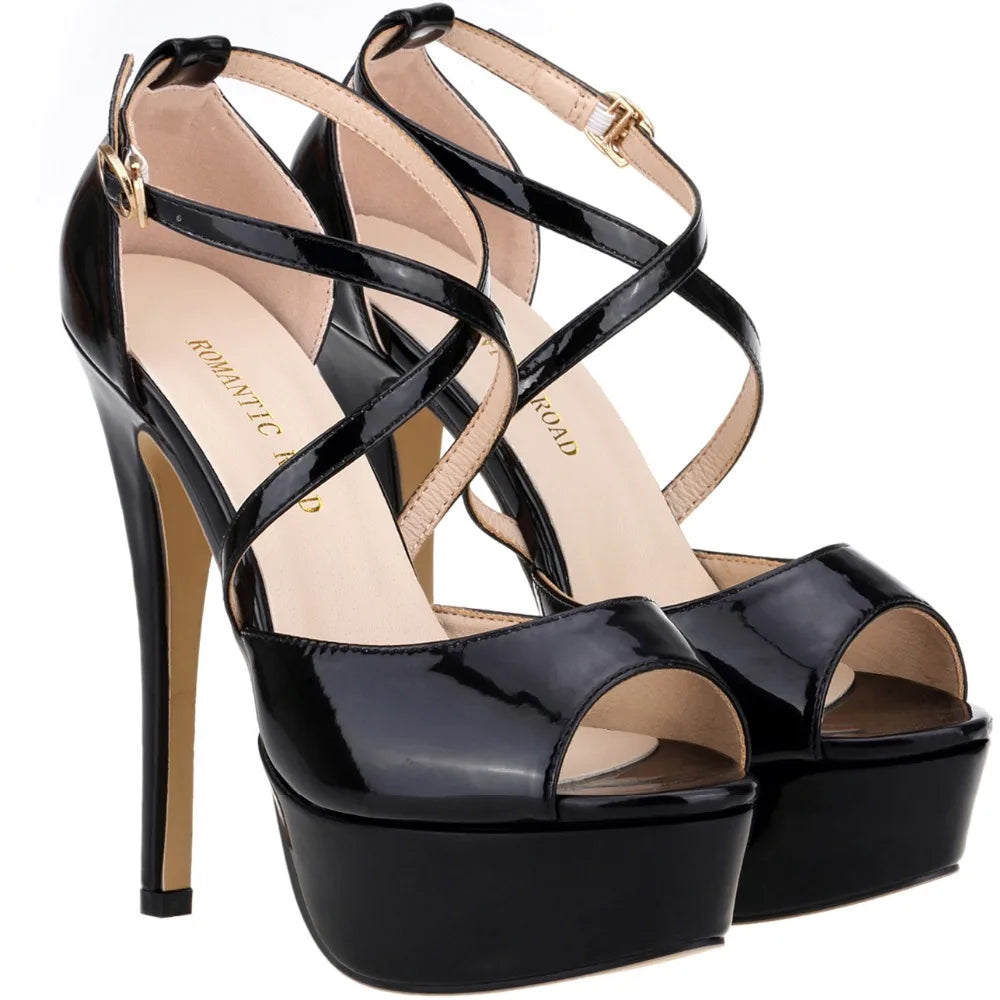 2026 Women Sandals 14CM Platform High Heels Sexy Ankle Strap Sandal Open Toe Stilettos Party Dress Wedding Shoes Plus Size 44