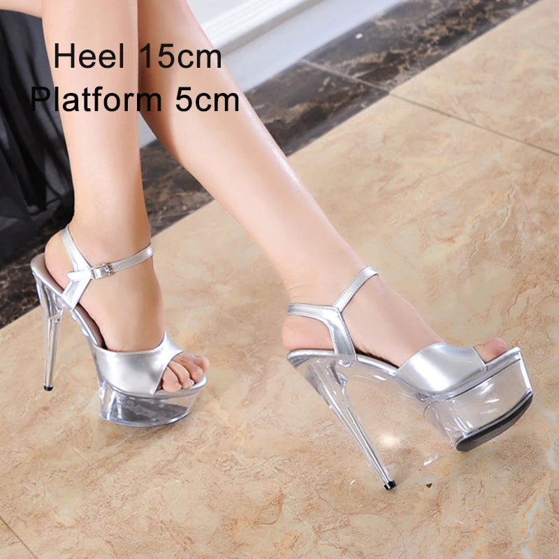 Stripper Heels Women Sandal Female Model T Station Catwalk Sexy Crystal Transparent Shoes High Heels Waterproof Head Sandals