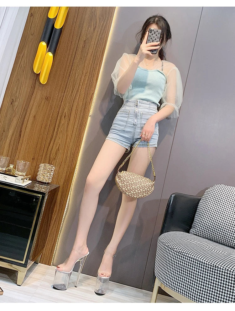 Stripper Heels Women Sandal Female Model T Station Catwalk Sexy Crystal Transparent Shoes High Heels Waterproof Head Sandals