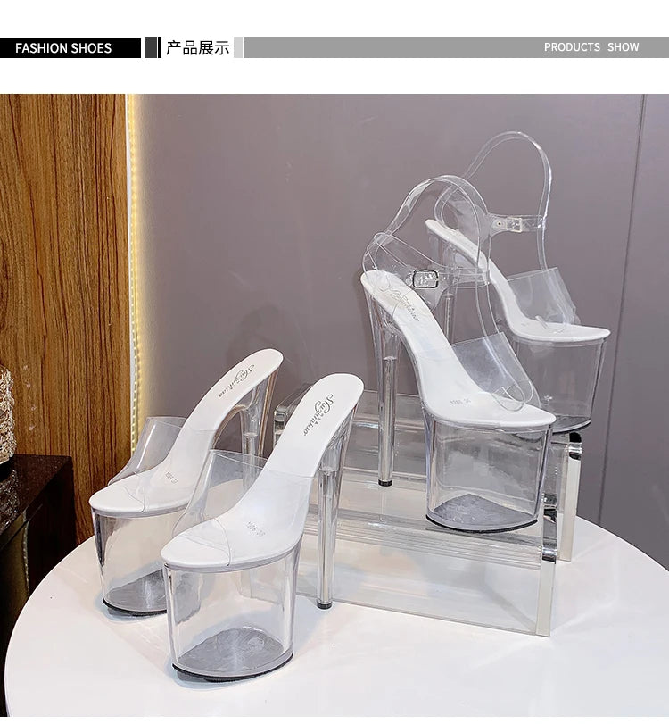 Stripper Heels Women Sandal Female Model T Station Catwalk Sexy Crystal Transparent Shoes High Heels Waterproof Head Sandals