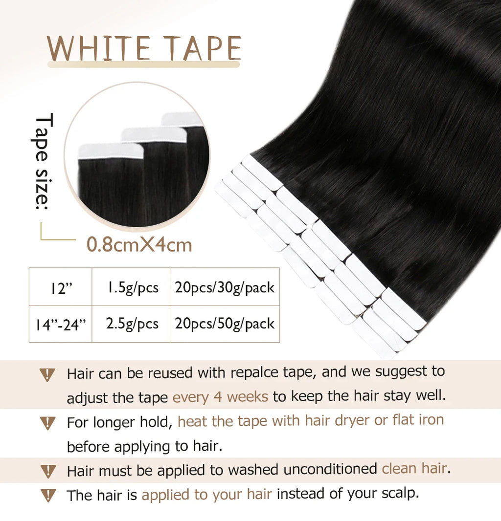 Full Shine Tape in Human Hair Extensions 20pcs Adhesive Skin Weft Pure Solid Color Glue on Woman Hair Machine Made Remy