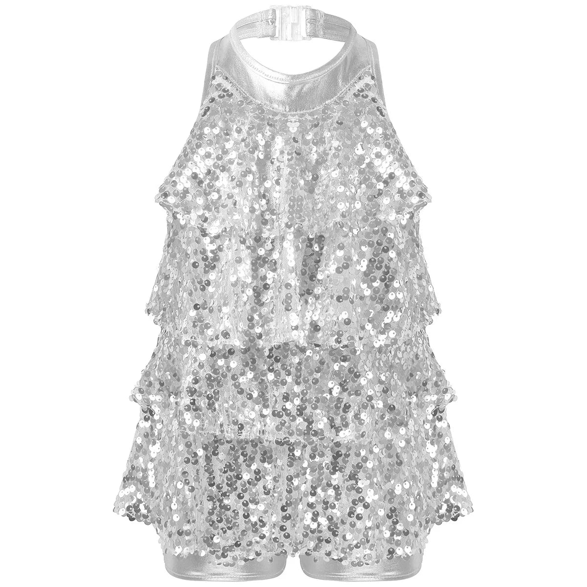 Shiny Sequins Kids Girls Halter Ballet Dance Stage Performance Dress Shorty Unitard Dress Modern Jazz Latin Dancing Costumes