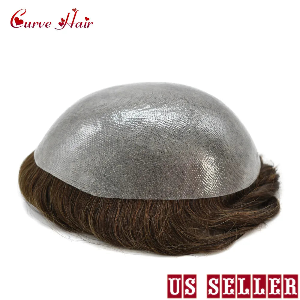 Invisible Full Poly Mens Toupee Thin Skin Hair System For Men 100% Human Hair Replacement All Clear PU Mens Wig