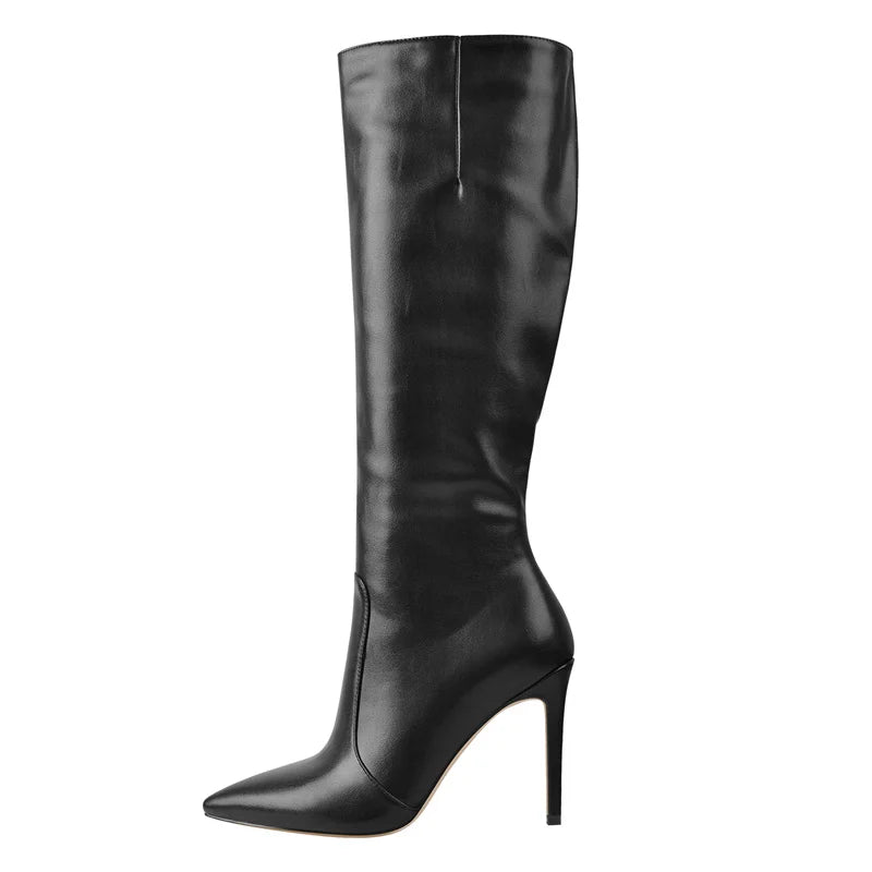 Onlymaker Pointed Toe Knee High Boots Stiletto High Heels Soft PU Leather Flock Concise Side Zipper Big Size Fashion Boots