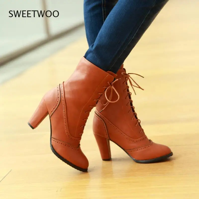 Women Boots Sexy Lace-up Boots Ladies Classic Pointed Leather Lace-Up High-Heeled Boots Middle Tube Boots Square Heel Shoes