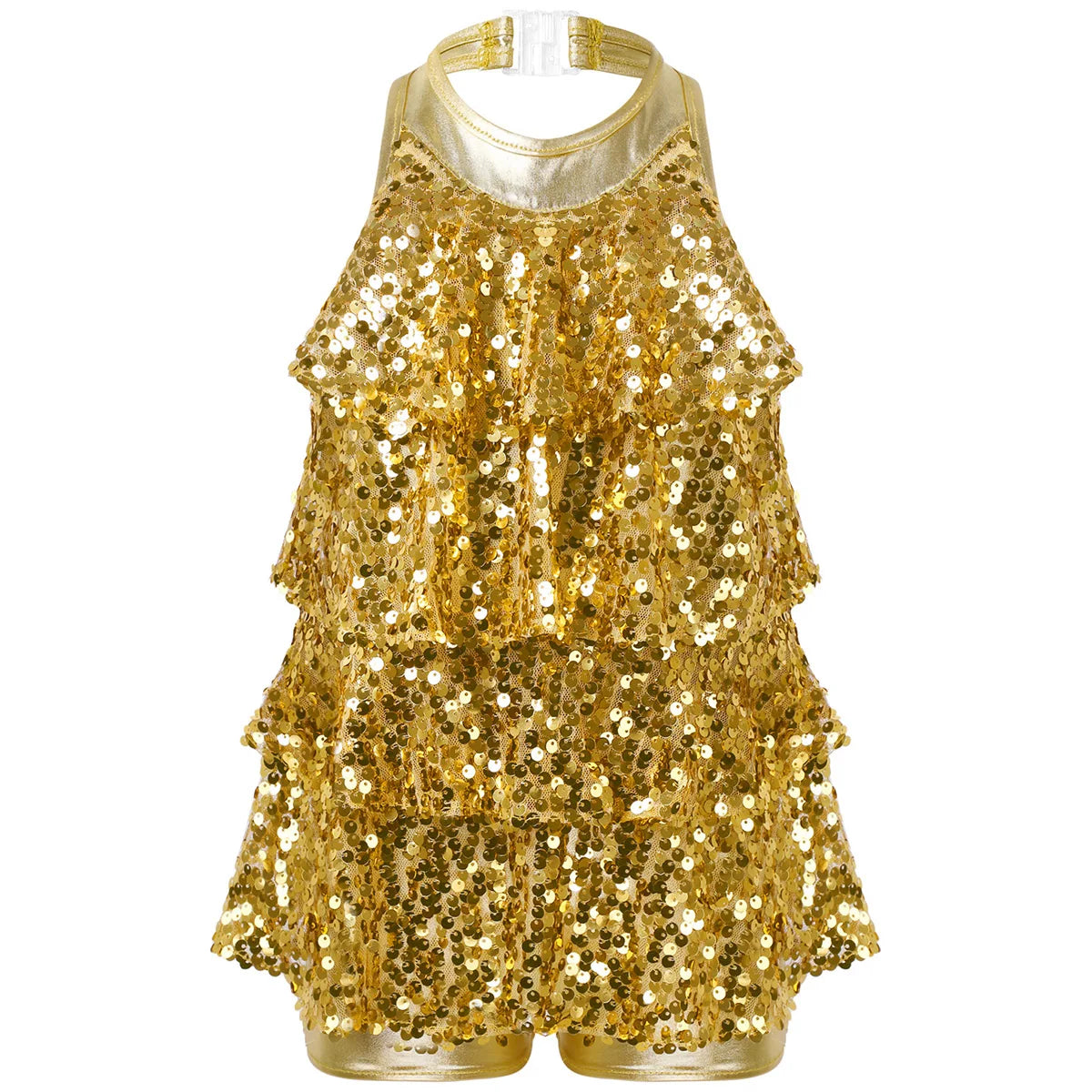 Shiny Sequins Kids Girls Halter Ballet Dance Stage Performance Dress Shorty Unitard Dress Modern Jazz Latin Dancing Costumes