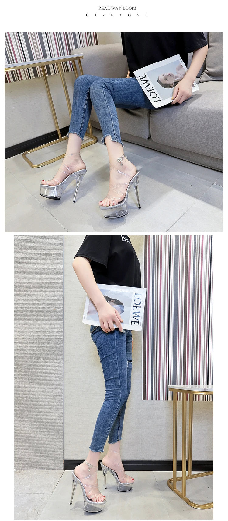 Stripper Heels Women Sandal Female Model T Station Catwalk Sexy Crystal Transparent Shoes High Heels Waterproof Head Sandals