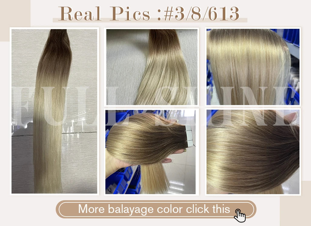 Full Shine Tape in Human Hair Extensions 20pcs Adhesive Skin Weft Pure Solid Color Glue on Woman Hair Machine Made Remy
