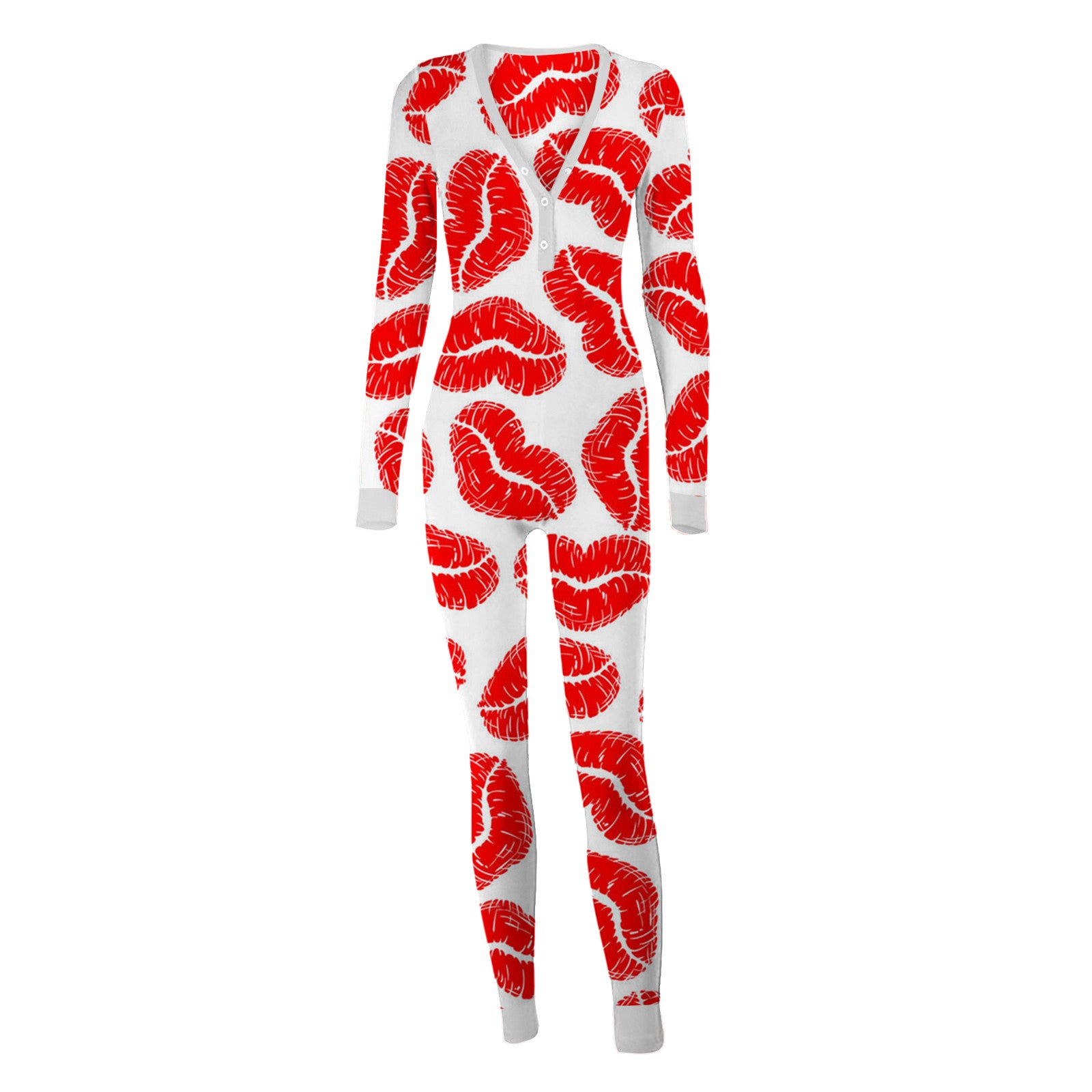 Sexy Women Pajamas Onesies Button-down Buttoned Flap Adults Pyjama Autumn Long Sleeve V-neck Jumpsuit Female Bodysuit Sleepwear