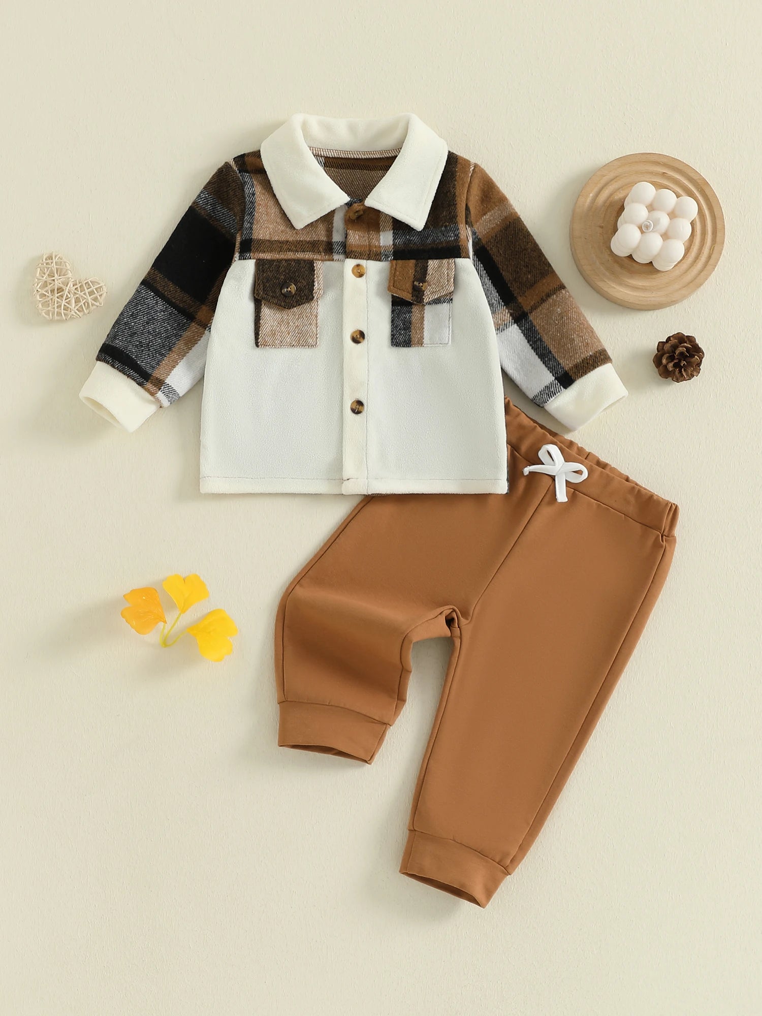Lioraitiin Toddler Baby Boy Fall Outfit Plaid Button up Long Sleeve Shirt and Elastic Pants 2 Piece Clothes