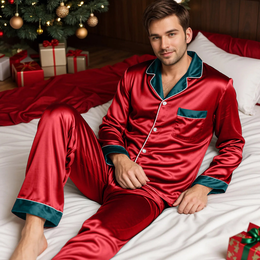Silk Satin Christmas Family Pajamas Matching Sets Plus Size Lapel Long Sleeve Shirts And Pants Soft Silk Sleepwear Mom Dad Xmas
