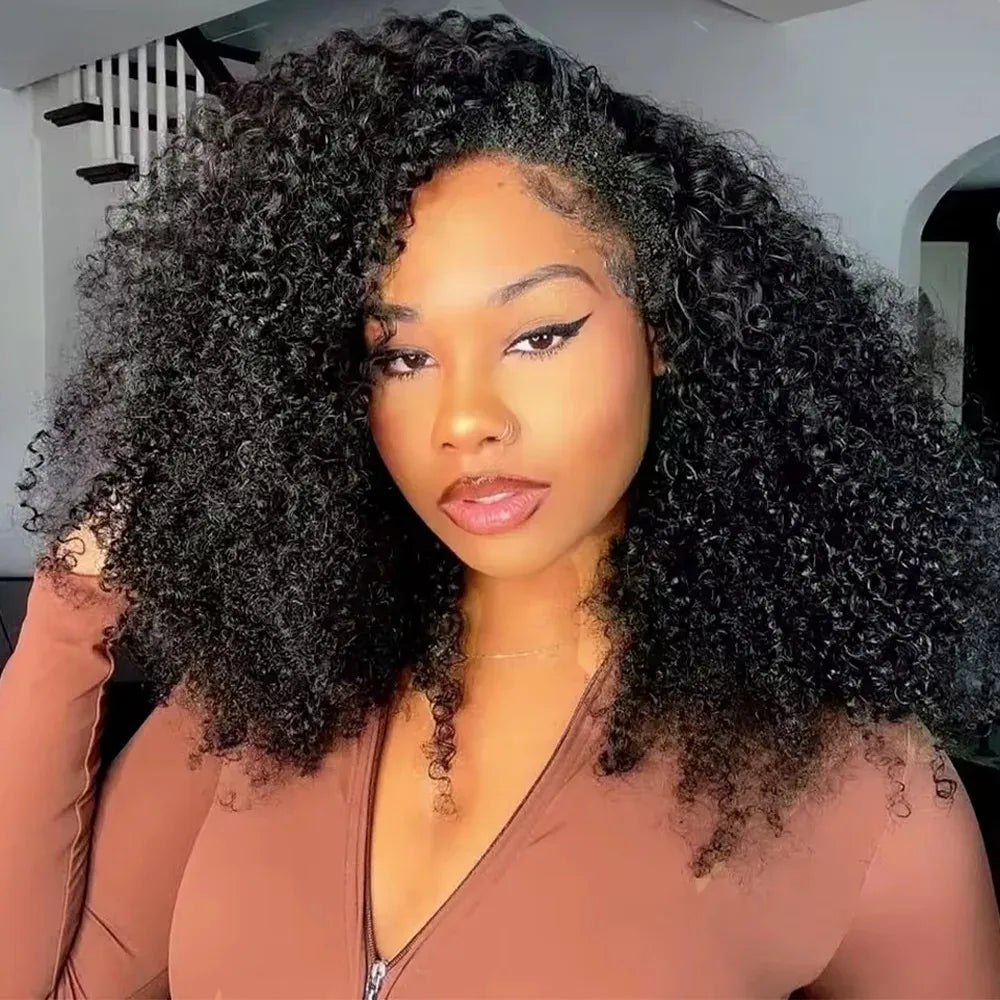 250% Half Wigs Human Hair Afro Kinky Curly Headband Wig Upgrade 3 IN 1 Half Wig With Drawstring Seamless Clip Ins Flip Over