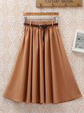 Midi Knee Length Summer Skirt Women With Belt 2025 Fashion Korean Ladies High Waist Pleated A-line School Skirt Female