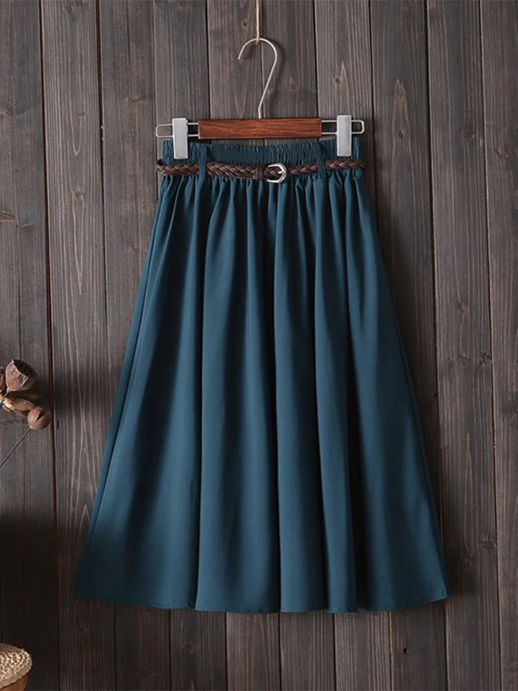 Midi Knee Length Summer Skirt Women With Belt 2025 Fashion Korean Ladies High Waist Pleated A-line School Skirt Female
