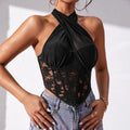 Elegant Lace Mesh Cross Halter Tank Top with Diamond Fishbone Small Vest for Women Tube Top with Lace Mesh Cross Halter Crop Top