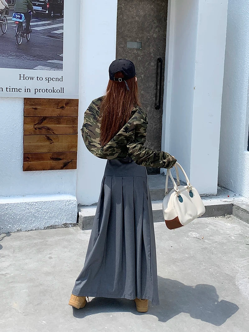 Qiukichonson Grey Midi Long Skirts Womens Trousers Skirt 2022 Autumn Winter Goth Lolita High Waist Asymmetrical Pleated Skirts