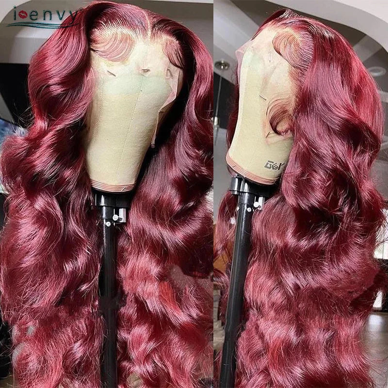 13X4 HD Transparent Lace Front Wigs Burgundy Red Human Hair Wigs PrePlucked 13X6 32Inch Body Wave Lace Front Wig For Women Curly