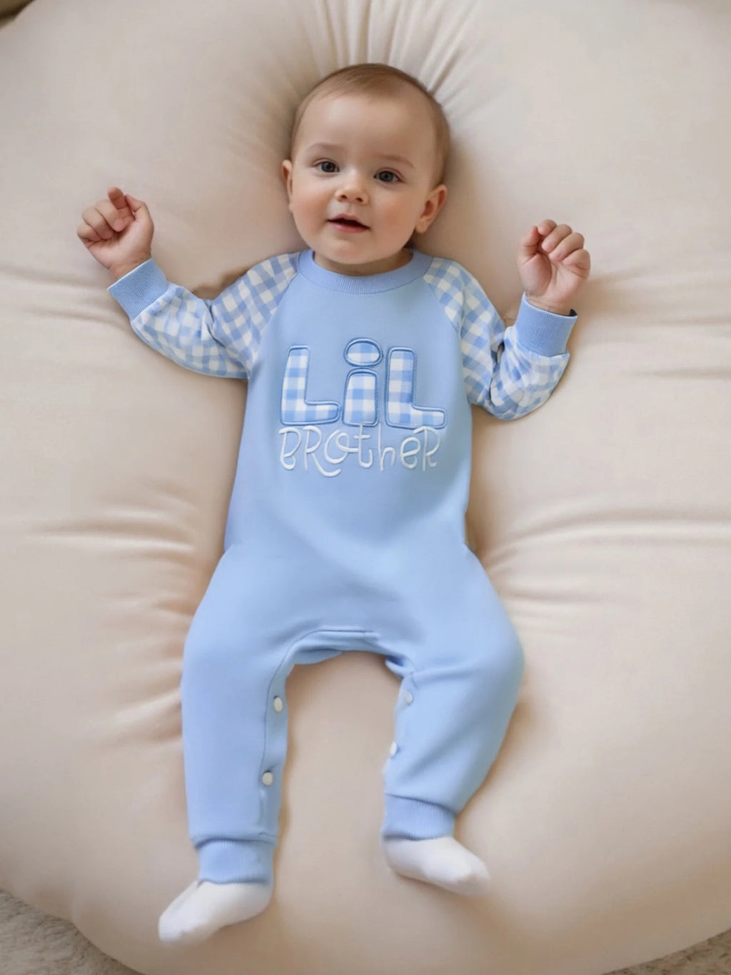 Baby Boy Fall Romper Plaid Print Letter Embroidery Long Sleeve Round Neck Full Length Jumpsuit