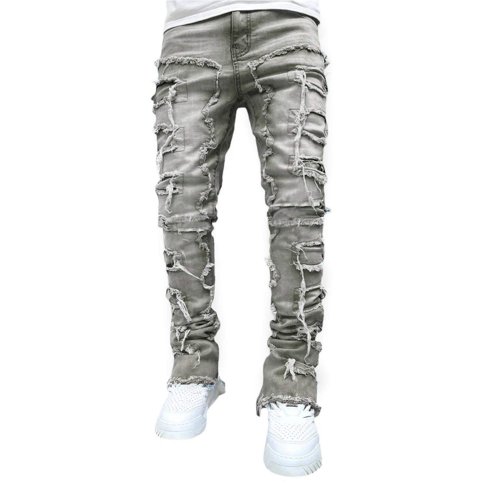 Men Skinny Pants Vintage Patch Frayed Denim Pants Spring Fall Casual Leggings Trousers with Pockets