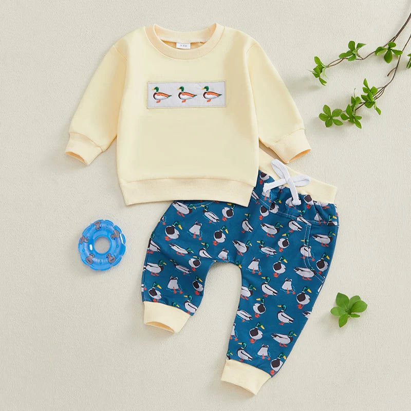 2024-09-13 Lioraitiin Toddler Baby Boy Girl Duck Clothes Long Sleeve Sweatshirt Plaid Elastic Waist Long Pants Outfit