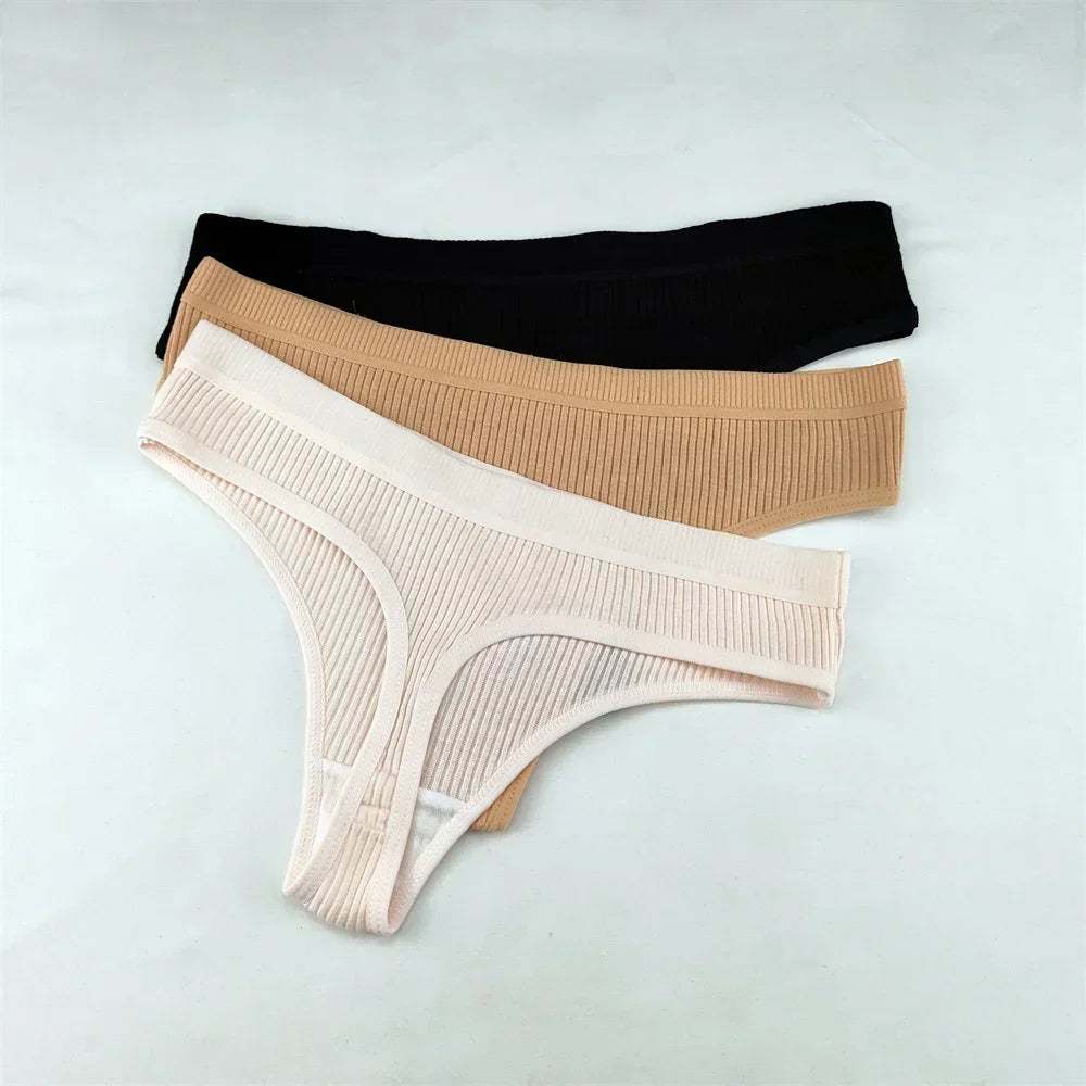 3Pcs/Set Women Thong G String Soft Ribbed Cotton Brazilian Panties Solid Color Low Rise Underwear Female Intimates Lingerie