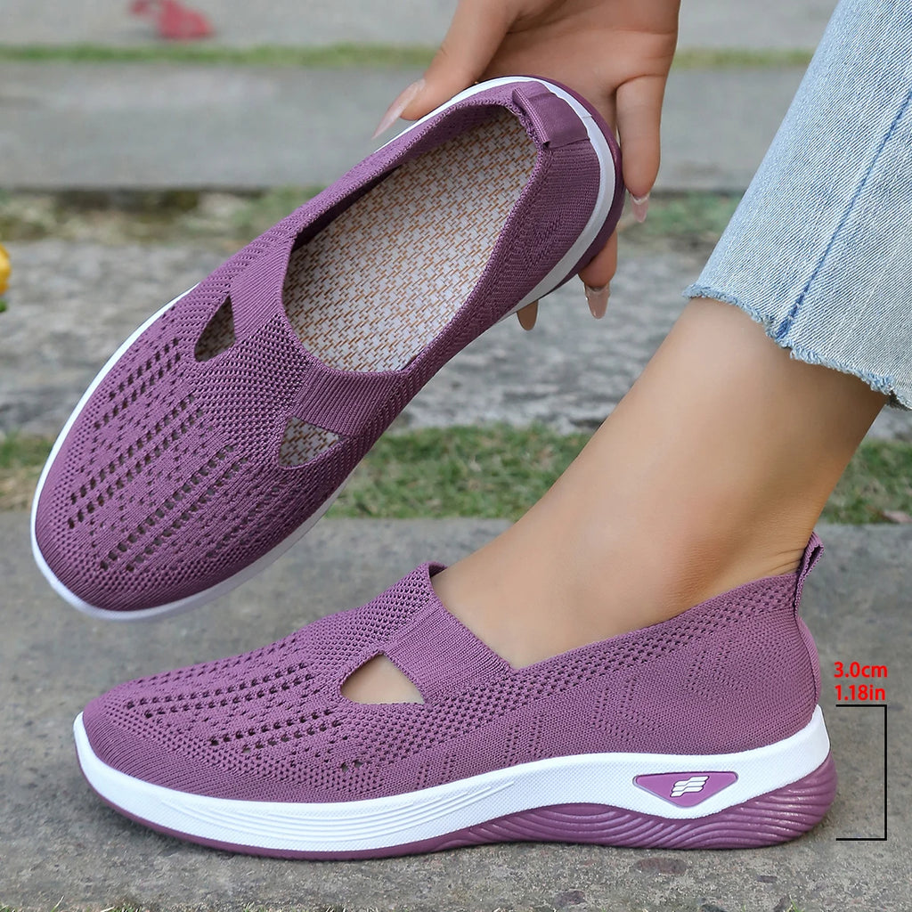 Women's shoes, women's casual shoes, solid color breathable sports shoes, soft-soled lightweight walking shoes, low-top knitted