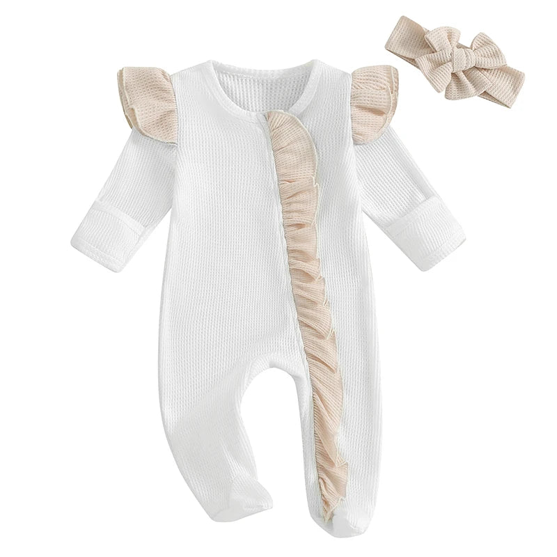 2024-05-11 Lioraitiin Baby Girls Outfit, Long Sleeve Crew Neck Frills Zipped Contrast Color Footies and Headband Fall Clothes