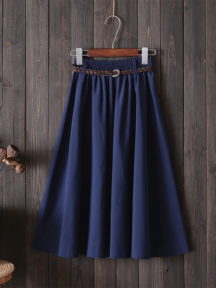 Midi Knee Length Summer Skirt Women With Belt 2025 Fashion Korean Ladies High Waist Pleated A-line School Skirt Female