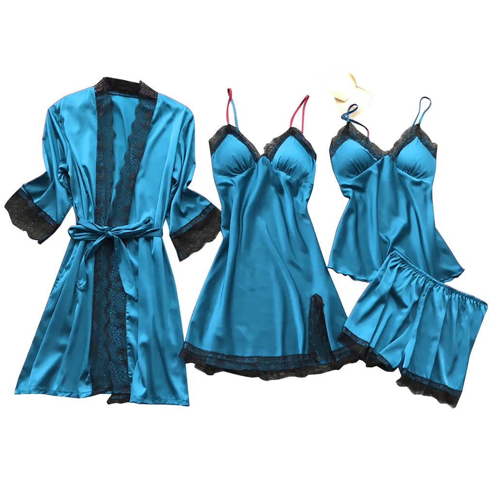 Large Size 4 Piece Women Pajama Sets Sexy Lace Embroidery Robe With Nightdress Outfits Loungewear Satin Silky Pyjama Sets