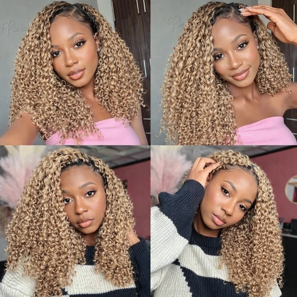 Honey Blonde Kinky Curly Feather Crochet Human Hair Extensions Knotless Pre-Separated Boho Braids Burmese Curly Invisible Knots