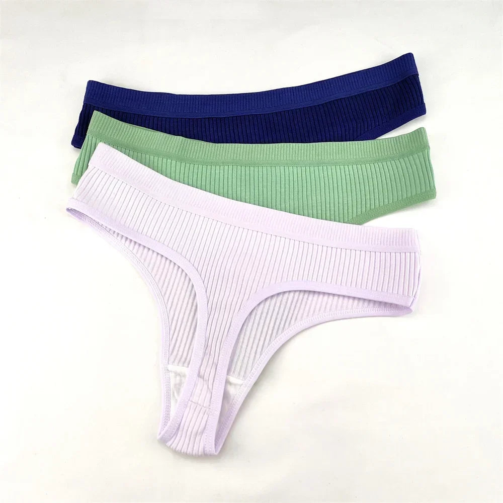 3Pcs/Set Women Thong G String Soft Ribbed Cotton Brazilian Panties Solid Color Low Rise Underwear Female Intimates Lingerie