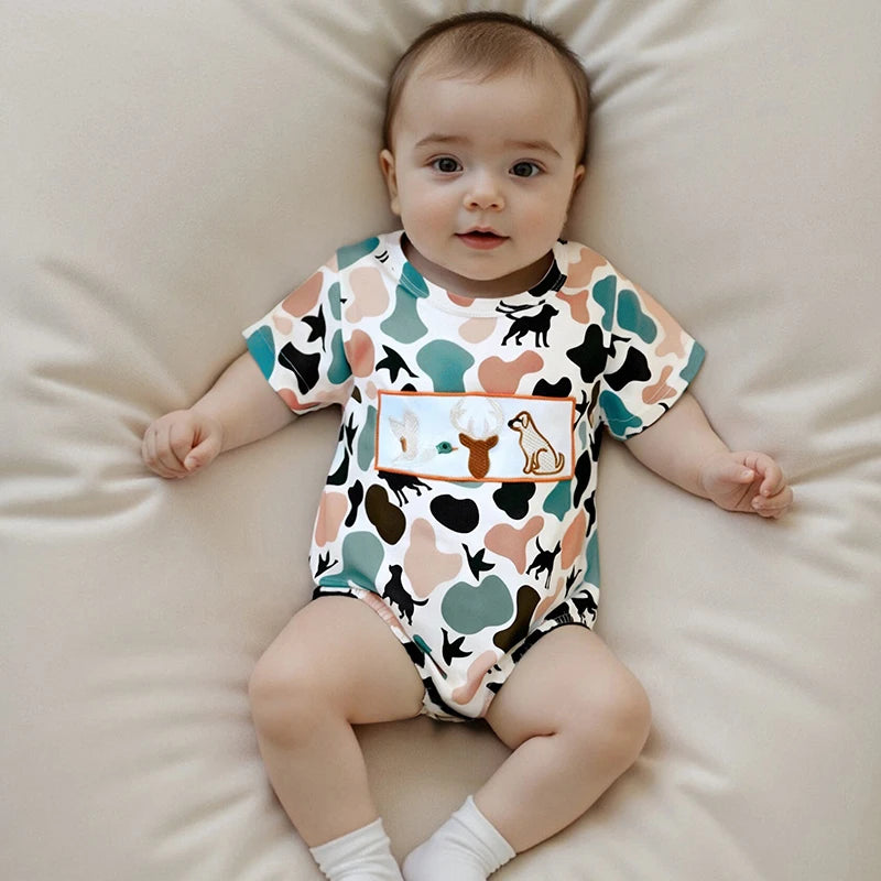 Lioraitiin Newborn Baby Boys Summer Jumpsuit Casual Dog Camouflage Print Embroidery Short Sleeve Romper Cute Clothes