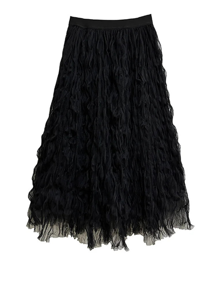 [EAM] High Elastic Waist Black Pleated Mesh Casual A-line Half-body Skirt Women Fashion Tide New Spring Autumn 2026  1DH5148