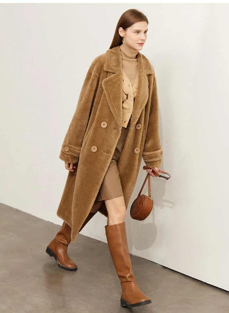 Amii Fur Coat 2025 Winter New Warm Office Lady Turn-Down Collar Full Wool Outerwears Straight Double-breasted Coat 12554013